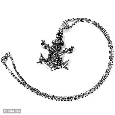 M Men Style Metal Silver Biker Double Pirate Skull Anchor With Box Chain Pendant Necklace Chain Gift For Men Boys