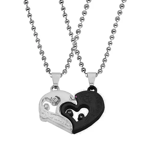 Sullery Valentine Gift Zirconia Crystals I Love You Engraved Couple Heart Lock Key Stylish Set Combo Black Silver Metal Pendant Necklace Chain Set For Men And Women