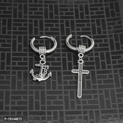 M Men Style Men Wheel Ship Anchor Ship With Christ Jesus Cross Dangle Hoop Studs Punk Titanium Steel Piercing Jewelry Silver Stainless Steel For Men And Women-thumb3