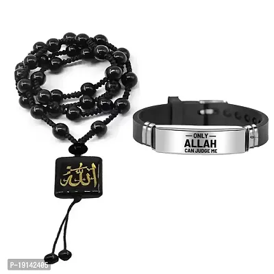 M Men Style Arabic Allah Prayer Pendant Combo With Muslim Masjit BlackSilver Silicon Bracelet ForFor men And Boys (Pack of 2) (Only Allah Can Judge Me)