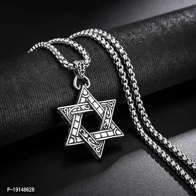 M Men Style Metal Silver Biker Biker Gothic Luncy Star Of David Hexagram Double Sided Heaxagonal Star With Box Chain Pendant Necklace Chain Gift For Men Boys-thumb4