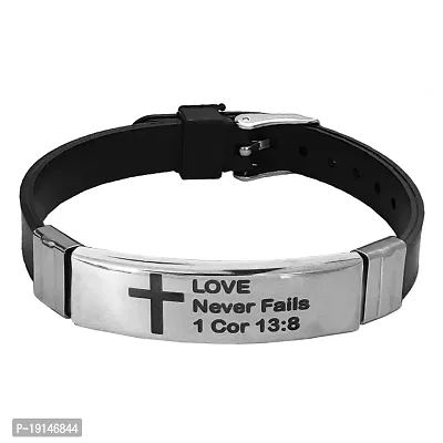 M Men Style Crusifix Cross Love Never Fails (1cor 13.8) Silver And Black Stainlees Steel And Selecone Bracelet For Men And women