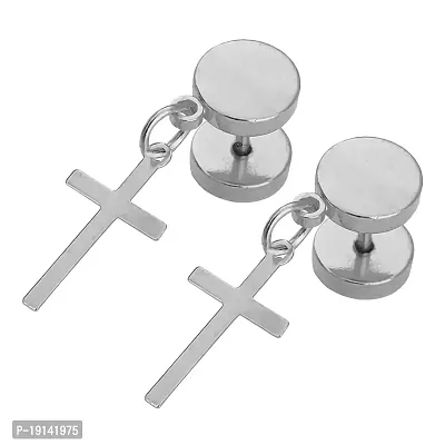 M Men Style Religious Jewelry Jesus Cross Char Silver Stainless Steel Religious Stud Earring For Men And Women