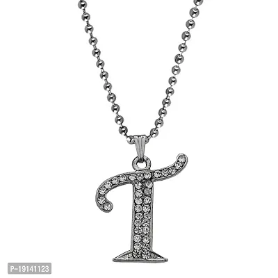 M Men Style Name English Alphabet T Letter Initials Letter Locket Pendant Necklace Chain and His Silver Crystal and Zinc Alphabet Pendant Necklace ChainUnisex-thumb0