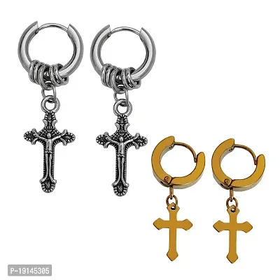 M Men Style Religious Jesus Cross Silver::Gold Stainless Steel Stud Hoop Drops  Danglers Earrings For Men And Women SEr2022217