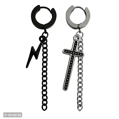 M Men Style Chrismas Gift Zikzak With Cross Chain Black And Silver Stainless Steel Earrings For Men And Women SEr2022221-thumb0