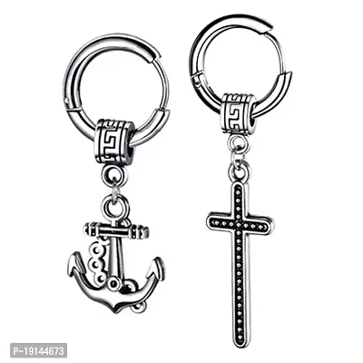 M Men Style Men Wheel Ship Anchor Ship With Christ Jesus Cross Dangle Hoop Studs Punk Titanium Steel Piercing Jewelry Silver Stainless Steel For Men And Women