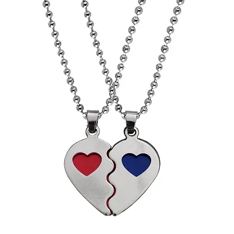 M Men Style Valentine Gift I Love You Heart Couple Engraved Dual Locket Unisex Jewellery 1 Pair Multicolor Stainless Steel Pendant Necklace Chain Set for Men and Women
