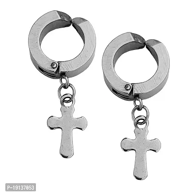 Sullery Religious Jesus Cross Charm Silver Stainless Steel Non-piercing Hoop earrings For Men And Women-thumb0