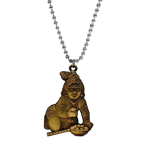 M Men Style Lord Krishna On Knees-Hindu God and Goddess Locket With Chain Grey Zinc Metal Religious Pendant Necklace Chain For Men And Women