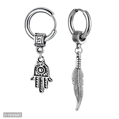 M Men Style Fatima Hamsa Hand Palm With Feather Ring Long Chain Hoop Silver Stainless Steel Earrings For And Women-thumb0