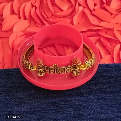 M Men Style Religious Lord Shiv Mahakal Damaru Lobster claw Bangle Cuff kada Gold And Brown Brass And Wood Religious Bracelet For Men And Women-thumb2