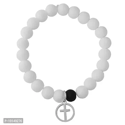 M Men Style 6mm Beads White Religious Christ Cross In Round Elastic Strachable Charm Crystal Bracelet For Men And Wen LCBR34I509