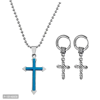 M Men Style Religious Lord Jesus Christ Cross Locket With Cross Earring Blue Silver Metal Stainless Steel Combo Set For Men SComboa23