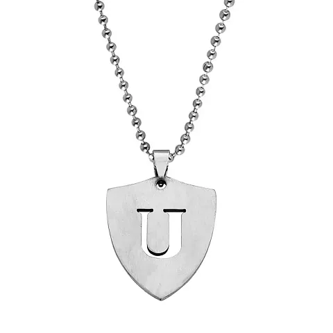 M Men Style English Alphabet Initial Charms Letter Initial U Alphabet Silver Stainless Steel Letters Script Name from A-Z Pendant Necklace Chain For Men And Women