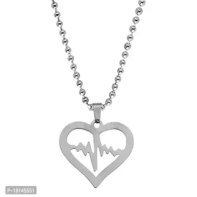 Sullery Heart Life Line Wave Heart Beat Couple Lover Gift Locket for Eveyone Silver Stainless Steel Couple Love Gift Jewellery Pendant Necklace Chain for Men and Women-thumb0