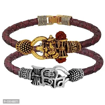 Sullery Handcrafted Spiritual One Sided Mahakal Trishul Damru OM Rudraksha Multicolor Leather Metal Bracelet for Men and Boys