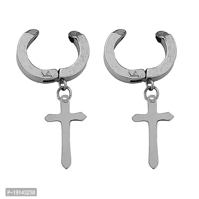Sullery Religious Jesus Cross Charm Silver Stainless Steel Non-piercing Hoop earrings For Men And Women-thumb2