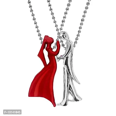 Sullery Valentine Gift Dancing Boys Girls Couple Dual Couple Locket 1 Pair For His And Her For Couple Husband Wife Red Silver Metal Pendant Necklace Chain Set For Men And Women
