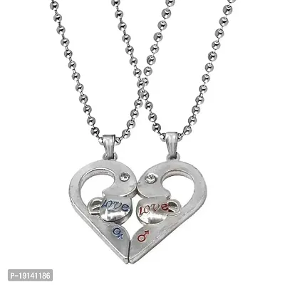 M Men Style Valentine Gift Baby I Love You Couple Heart Engraved Dual Couple Locket Unisex Jewellery 1 Pair for His and Her Silver Metal Pendant Necklace Chain for Men and Women