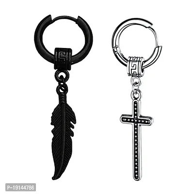 M Men Style Feather With Christ Jesus Cross Ear Stud Black And Silver Stainless Steel Hoop Earrings For Men And Women