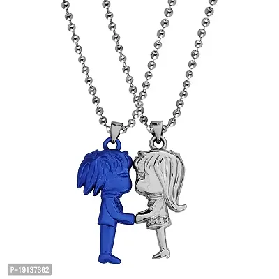 Sullery Valentine Day Gift Cute Girl and Boy Lovers Couple 2pc Blue and Silver Metel Necklace Chain for Men and Women-thumb0