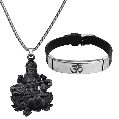 M Men Style Religious Godess Sarswati Snake Chain Locket Om Yoga Charm Bracelet Bronze Silver Metal Stainless Steel Combo Set For Men SComboa29