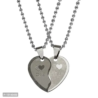 M Men Style Couple Lovers Broken Heart Love Dual Locket With Dual Chain His And Her Silver Stainless Steel Pendant Necklace Chain For Men And Women-thumb0