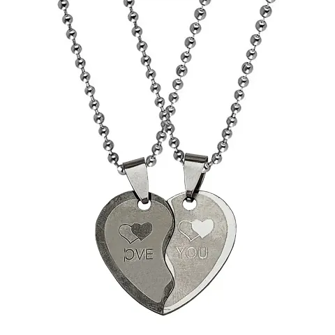 M Men Style Couple Lovers Broken Heart Love Dual Locket With Dual Chain His And Her Silver Stainless Steel Pendant Necklace Chain For Men And Women
