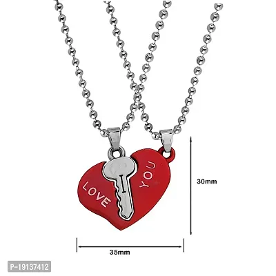 Sullery Valentine Day Gift Heart Lock and Key Puzzle Couple Lovers 2Pc Red and Silver Metel Necklace Chain for Men and Women-thumb2