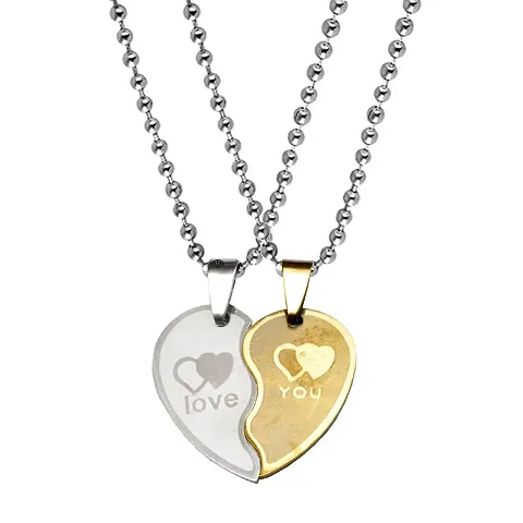 M Men Style?Valentine Gift Trendy Rotational Couple Heart Engraved Dual Locket Pendant Necklace Chain Unisex Jewellery Metal Pendant Set
