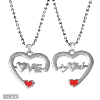 M Men StyleValentine Gift Trendy Arrow Love You Heart Engraved Dual Locket 1 Pair for His and Her Multicolor Zinc Metal Pendant Necklace Chain Set for Men and Women