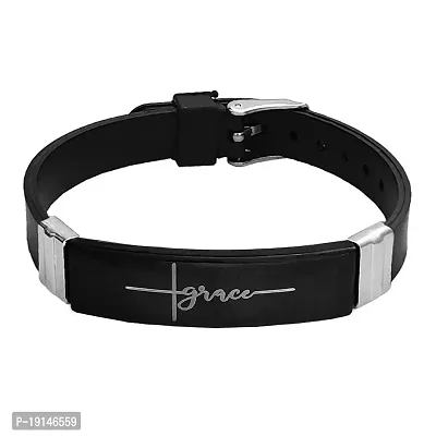 M Men Style Jesus Cross Grace Engraved Wristband Black And Silver Stainless Steel And Silicone Bracelet For Men And Women SBr2022417
