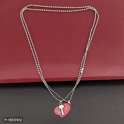 Sullery Valentine Day Gift Heart Lock and Key Puzzle Couple Lovers 2Pc Red and Silver Metel Necklace Chain for Men and Women-thumb4