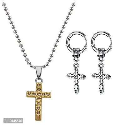 M Men Style Religious Lord Jesus Christ Cross Locket With Cross Earring Gold Silver Metal Stainless Steel Combo Set For Men SComboa22