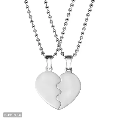 M Men Style Valentine Gift Best Friend Broken Heart Couple Engraved Dual Couple Locket Unisex Jewellery 1 Pair Silver Stainless Steel Pendant Necklace Chain Set For Men And Women (Silver)