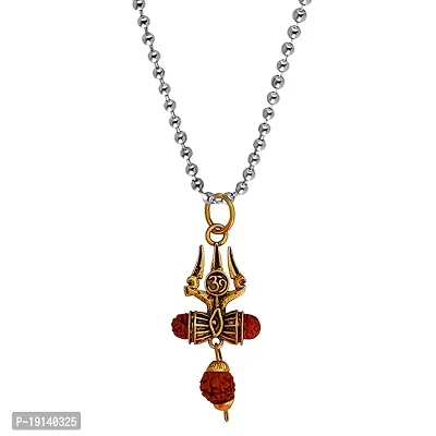 Sullery Lord Shiv Mahadev Om Trishul Damaru Word with Panchmukhi Rudhrasha Bead Locket with Chain Gold Brass Religious Spiritual Jewellery Pendant Necklace Chain for Men and Boys
