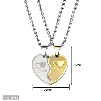 M Men Style Trendy Love You Broken Heart Couple Engraved Dual Couple Locket 1 PairSilver Gold Stainless Steel Pendant Necklace Chain Set for Men and Women-thumb2
