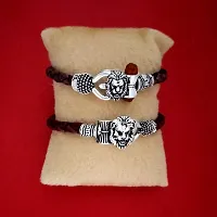 Sullery Handcrafted Spiritual One Sided Mahakal Trishul Rudraksha Beads Silver Plated Genuine Leather Black Dyed Rope Wrist Band/Belt Bahubali Kada Combo Bracelet Cum Rakhi for Men/Women-thumb2