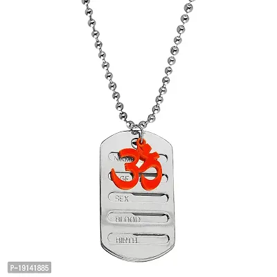 M Men Style Symbolic Buddhist Yoga Om Name Plate Locket with Chain Orange and Silver Acrylic and Stainless Steel Pendant Necklace ChainUnisex