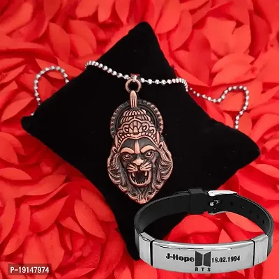 M Men Style Religious Hindu Idol God Vishnu Narsimha Locket With BTS J Hope Birth Sign 18.02.1994 Bracelet Copper Silver Metal Stainless Steel Combo Set For Men SComboa1-thumb3
