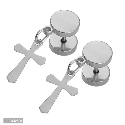 M Men Style Religious Jewelry Mens Metal Jesus Cross Charm Piercing surgical Stainless Steel Dumble Stud Silver Earring For And Women