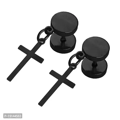M Men Style Religious Jewelry Jesus Cross Charm Piercing Surgical Stainless Steel Dumble Stud Black Stainless Steel Stud Earring For Men And Women