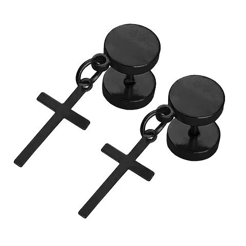 M Men Style Jesus Cross Charm Stainless Steel Dumble Stud Gold Earring