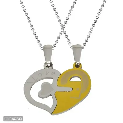 M Men Style 2 pcs His and Hers I Love You Broken Heart Lock and Key Couple?for Lovers Jewelry Silver,Gold Stainless Steel Heart Pendant Necklace Chain for Men and Women