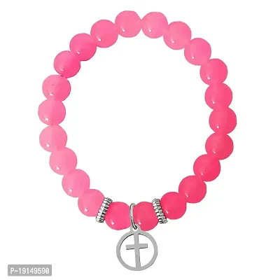 M Men Style 6mm Beads Pink Religious Christ Cross In Round Elastic Strachable Charm Crystal Bracelet For Men And Wen LCBR20I509