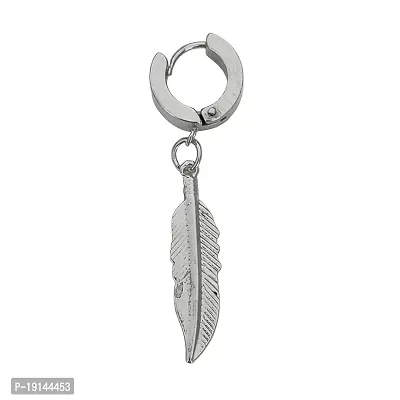 M Men Style Women's Trendy Jewelery Feather Leaf Link Chain Silver Stainless Steel Dangle Hoop Earrings For Unisex