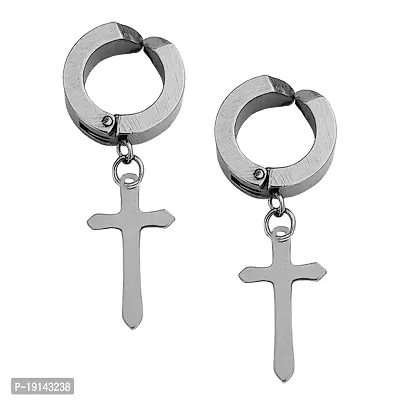 Sullery Religious Jesus Cross Charm Silver Stainless Steel Non-piercing Hoop earrings For Men And Women