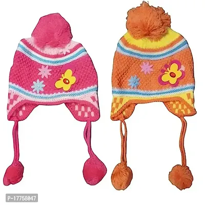 CLOTH KING Newborn Baby Kids Unisex Winter Wear Baby Woolen Cartoon Print Caps Hats Baby Cap Topi for Extreme Winter with Fur Inside (Pack of 2).-thumb0
