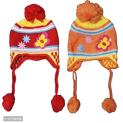 CLOTH KING Newborn Baby Kids Unisex Winter Wear Baby Woolen Cartoon Print Caps Hats Baby Cap Topi for Extreme Winter with Fur Inside (Pack of 2).